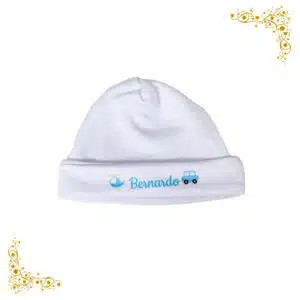 touca-personalizada para meninas-em-malha-branco-azul-bebê