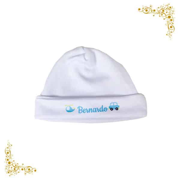 touca-personalizada para meninas-em-malha-branco-azul-bebê